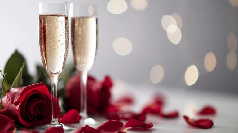 Valentine's Day postcard with champagne glasses and roses to celebrate Valentine on white background